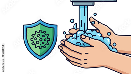 Hands washing under running water with soap to cleanse and protect against germs and viruses