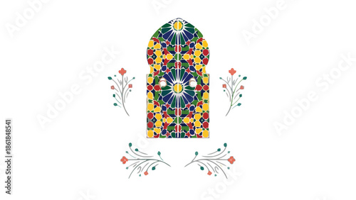 Vibrant Floral Archway Illustration with Decorative Elements and Symmetrical Design