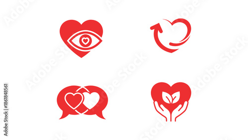 Set of four red heart icons representing love, vision, recycling, communication, and care for nature