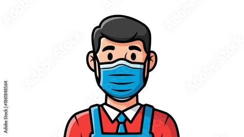 Cartoon man wearing blue medical mask and red shirt with blue straps standing against white background