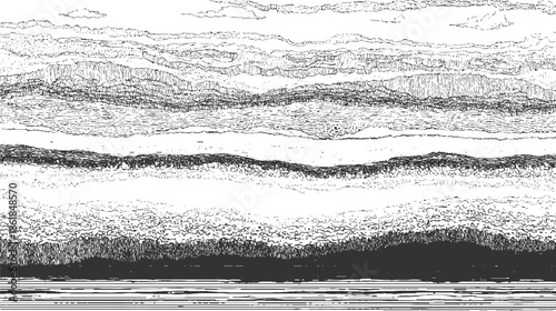 Black and white abstract landscape with layered textures and horizontal lines monochrome
