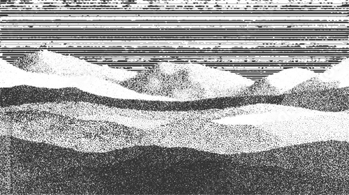 Black and white stippled landscape with horizontal lines in sky abstract background