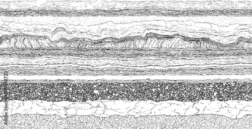 Cross section of geological strata with varied textures and layers geology