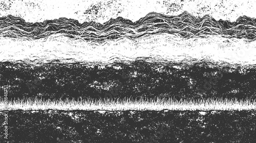 Abstract black and white textured landscape with wavy lines and granular patterns