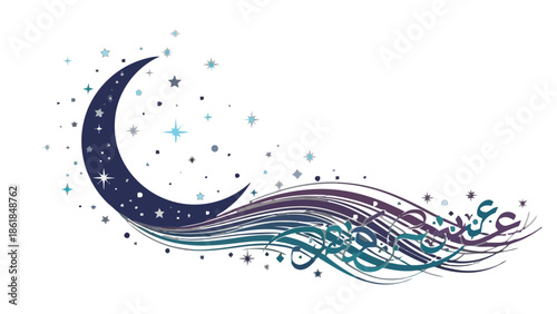 A serene night sky with a crescent moon and flowing waves of stars in a celestial display