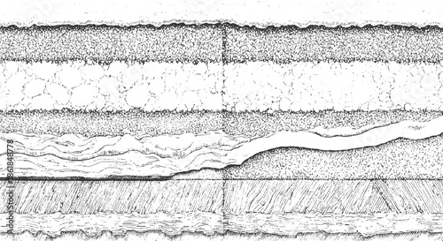 Black and white cross section of geological strata with varied textures and patterns geology layers