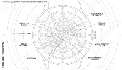 Technical blueprint of luxury skeleton wristwatch with labeled mechanical components and specifications in detailed schematic style