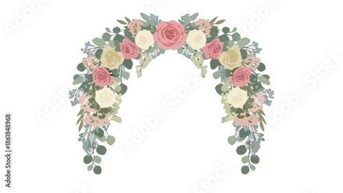 Floral archway adorned with roses and eucalyptus leaves in a serene garden setting illustration