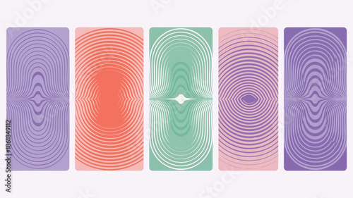 Vibrant abstract wave pattern designs in purple, red, green, pink hues