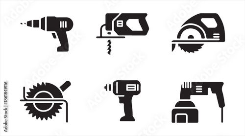 Power tools icons pack, handheld electric drill and saw silhouettes for renovation, woodworking, and industrial design