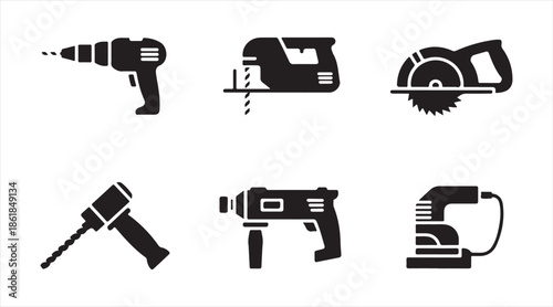 Collection of construction power tool icons, black glyph style workshop and carpentry equipment illustrations