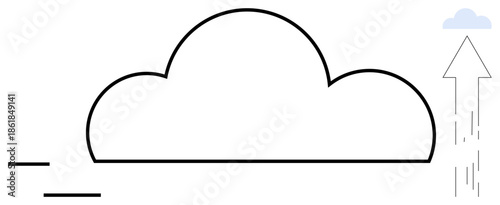 Cloud computing, data transfer, internet storage, digital technology, infrastructure, online sharing. A large cloud with an arrow indicating data upload. Cloud computing and data transfer concept