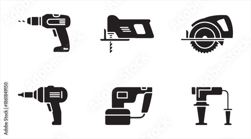 Electric power tools silhouette icon set including drill, jigsaw, and circular saw for building, repair, and DIY projects