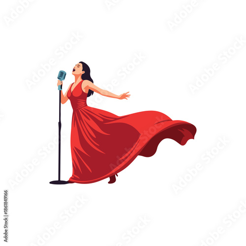 Elegant Woman in Red Dress Singing into Vintage Microphone.