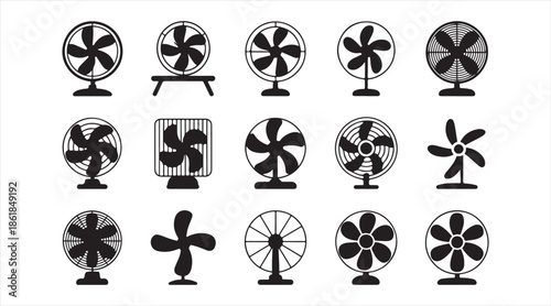 Table fan icons pack, oscillating electric ventilator silhouettes with various propeller shapes and safety grille patterns