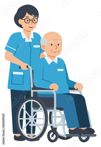 Nurse assisting elderly man in wheelchair illustration.