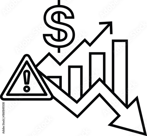 Financial growth risk line icon, rising market chart with warning symbol, business volatility analysis illustration