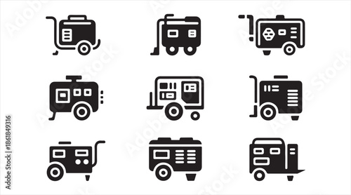 Portable generator silhouette icon set of towable power supply units for outdoor, construction, and emergency energy needs