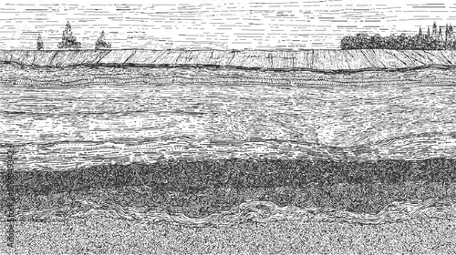 Black and white cross section of layered earth and sky with trees layers soil