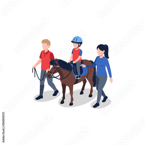 Young Girl Riding Horse with Adult Guidance.