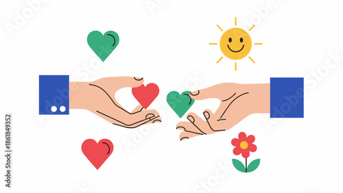 Hands Exchanging Hearts and Flowers Illustration.