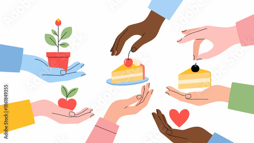 Hands Exchanging Food and Gifts Together.