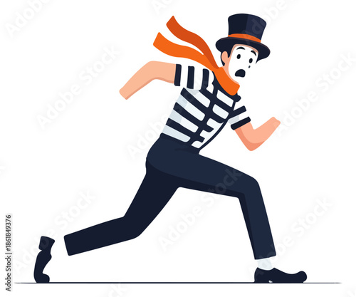 Running mime performer with striped shirt and tophat.