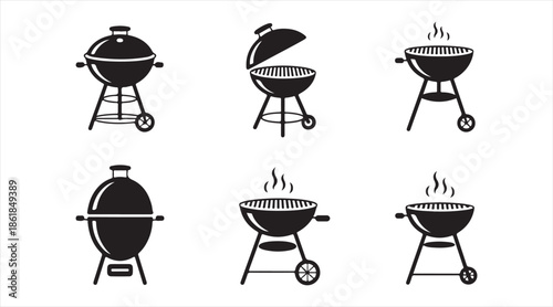 Barbeque grill icons pack, round charcoal cooker silhouettes for summer party, picnic, and outdoor grilling design