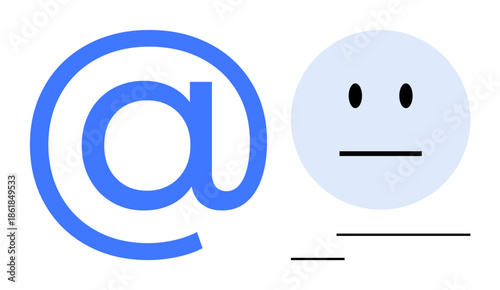 Digital communication, online messaging, social media, identity, expression, online presence. Blue at symbol next to a neutral face icon on a white background. Digital communication and online