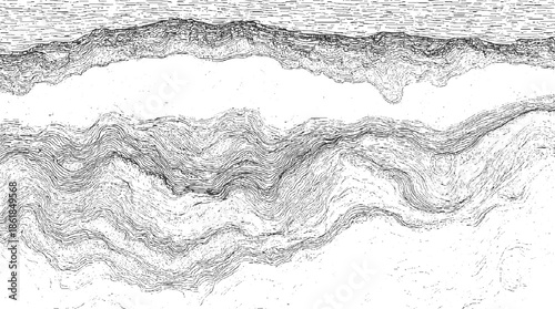 Black and white abstract line depicting geological strata and wavy patterns