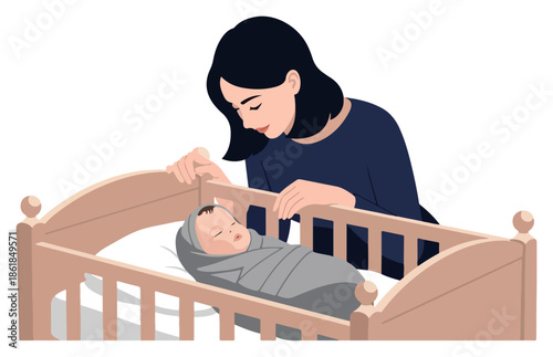 Mother comforting swaddled newborn in wooden crib.