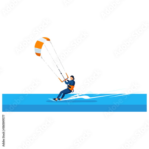 Kitesurfer Riding Waves with Orange Kite.