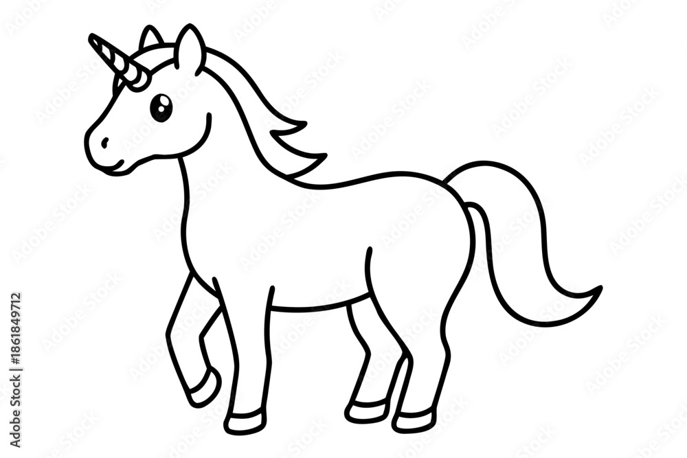 Fototapeta premium cute unicorn line art, Cute cartoon unicorn with a spiraling horn and flowing mane Vector