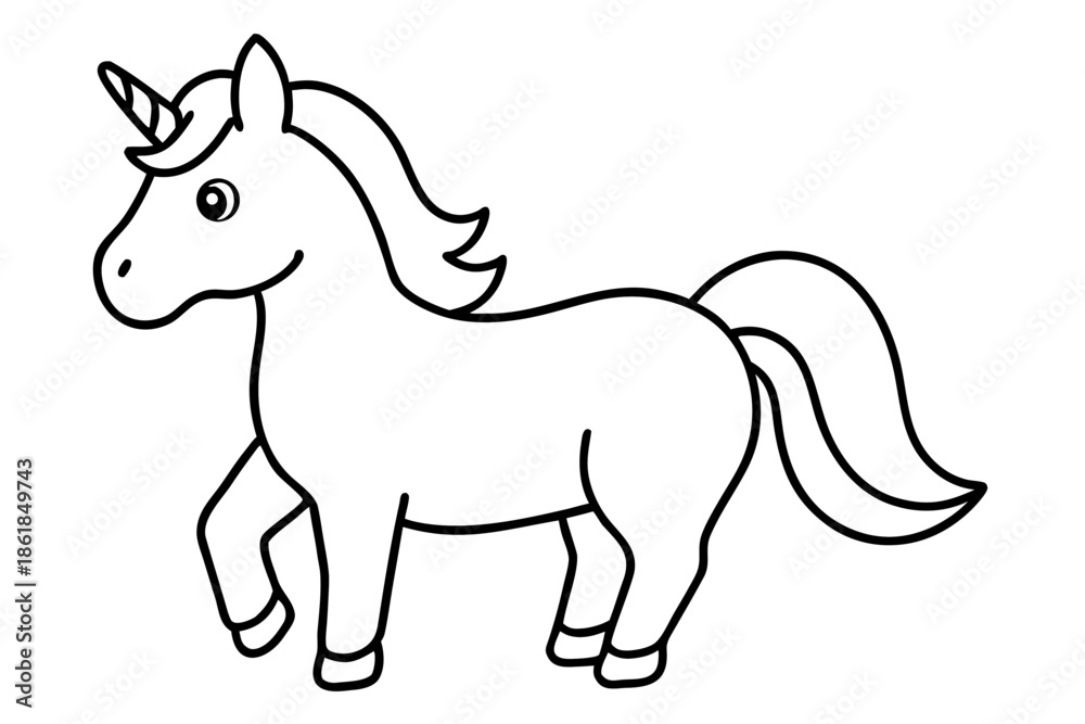 Fototapeta premium cute unicorn line art, Cute cartoon unicorn with a spiraling horn and flowing mane Vector