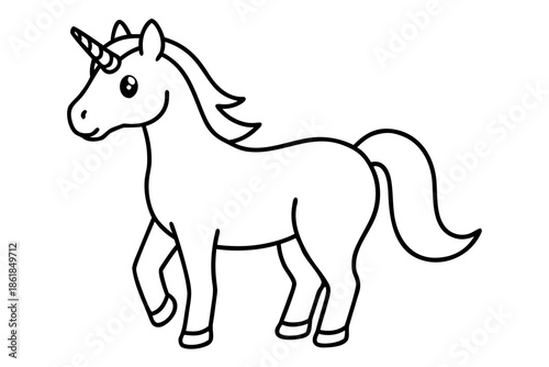 cute unicorn line art, Cute cartoon unicorn with a spiraling horn and flowing mane Vector