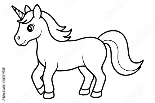cute unicorn line art, Cute cartoon unicorn with a spiraling horn and flowing mane Vector