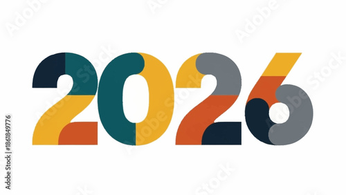 Stylized and colorful geometric illustration of the year 2026, with each digit composed of various colored segments on a clean white background.