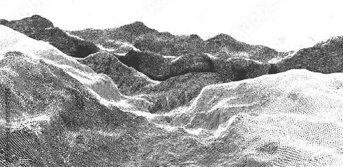 Black and white abstract mountain landscape with textured ridges and valleys monochrome