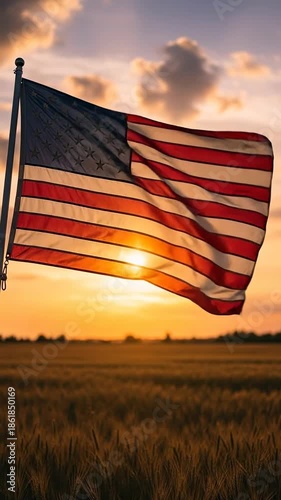 American flag waving in sunlight over field at sunset