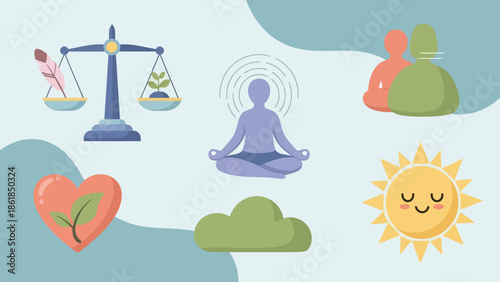 Meditating Person with Symbols of Balance and Harmony.