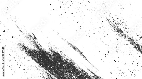 Black ink splatters and brush strokes on white background abstract chaotic