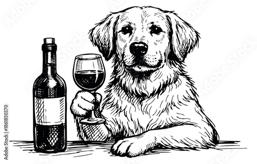 Hand drawn line art illustration of a golden retriever dog depicting it holding a wine glass and a bottle for a beverage or pet concept