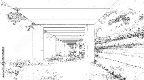Black and white of an underpass with overgrown vegetation monochrome outline