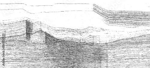 Seismic reflection profile showing layered geological strata and fault lines geology