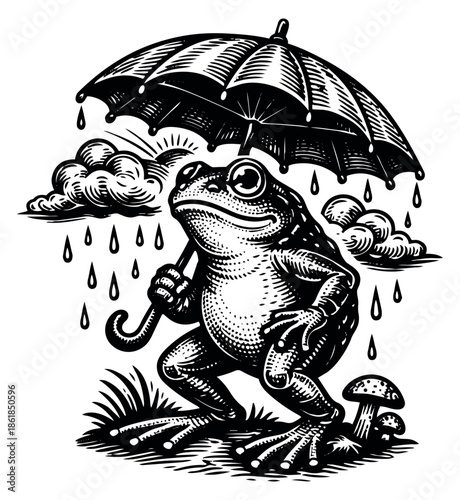 Engraving style line art illustration of a frog depicting holding an umbrella in the rain for weather and nature concepts