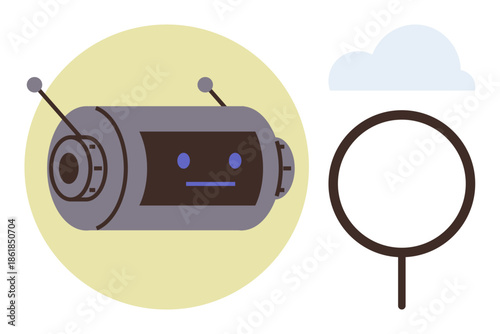 Cylindrical robot with facial screen and antennae next to a magnifying glass, set below a cloud. Ideal for technology, robotics, AI, searching, innovation, future research. Simple flat metaphor