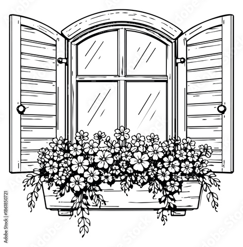 Hand drawn illustration of a window with a flower box depicting open shutters and blooming flowers for spring decoration