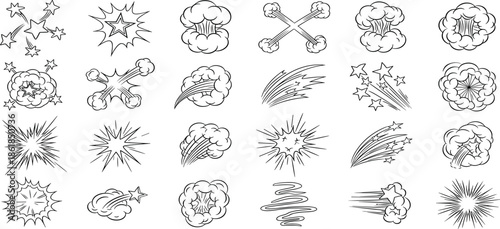 Various weather phenomena and explosive events illustrated in a collection of simple line drawings.
