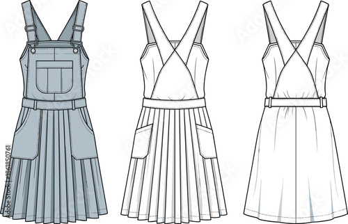 PrintWomen pinafore dress technical fashion illustration set, front back views overall skirt garment design