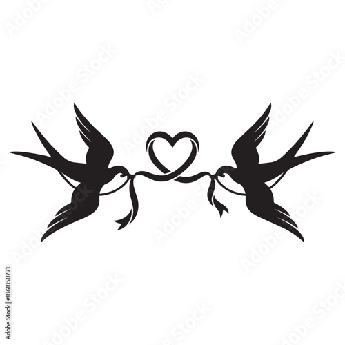 Two swallows flying in love formation with heart symbol